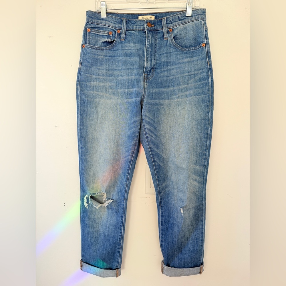 Madewell High-Rise Slim Crop Boyjean Knee Rip Distressed Denim Jeans Size 28